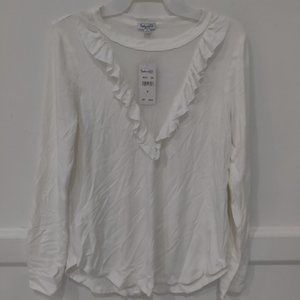 NWT Splendid Women's Ruffle Front Long Sleeve Ribbed Top White Sz M $90 3A016